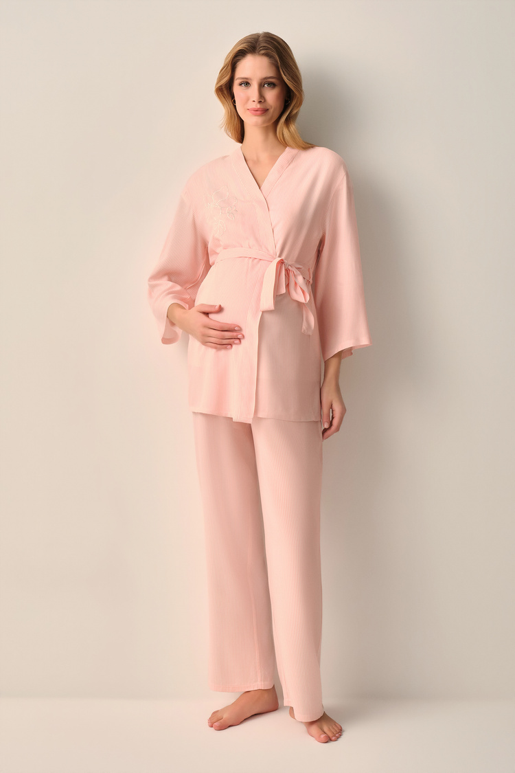 Pembe Çizgili Stripe Hamile Lohusa Sabahlık