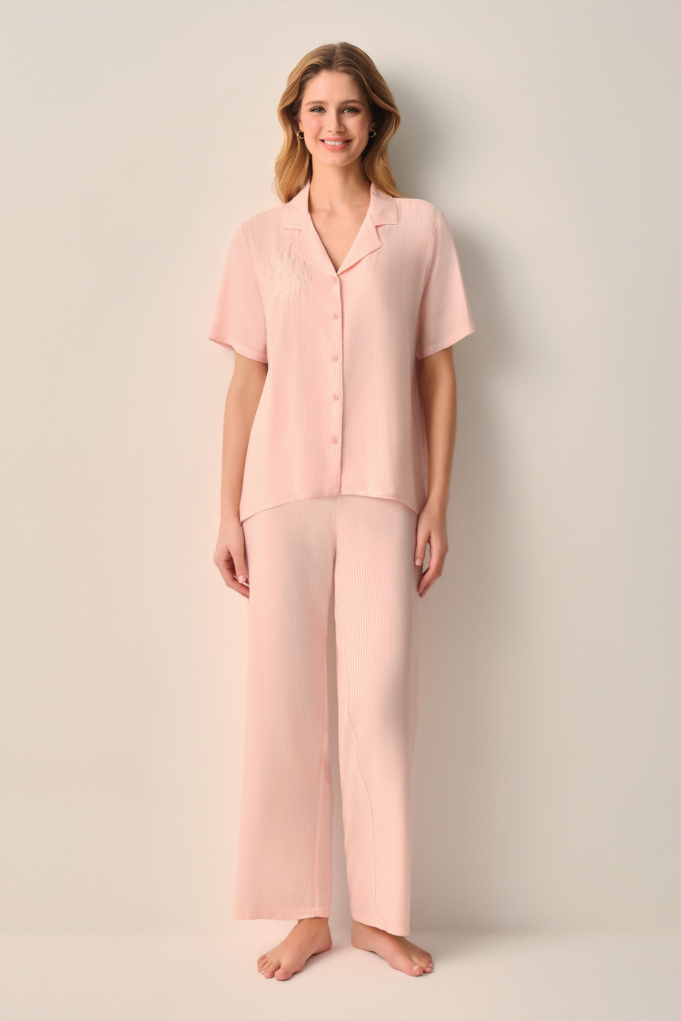 Pembe Çizgili Stripe Gömlek Yaka Pijama Takımı