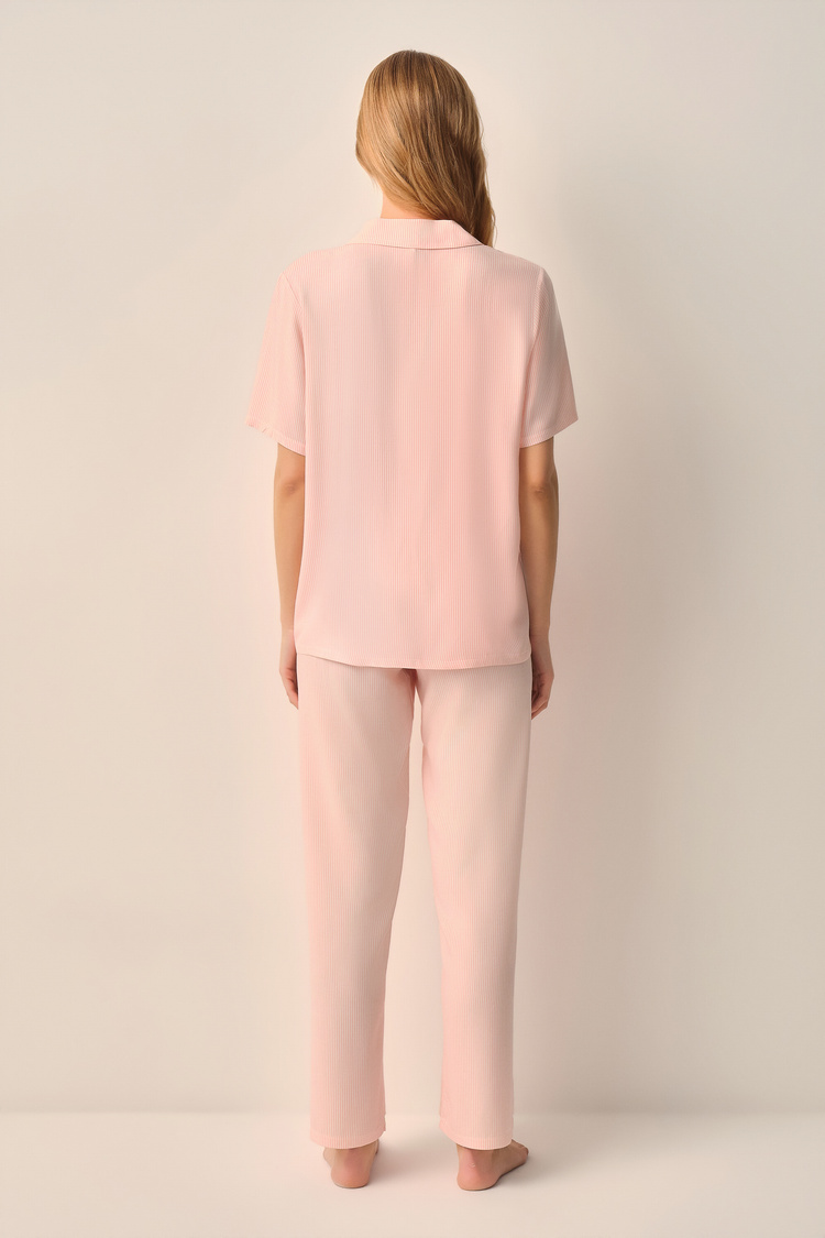 Pembe Çizgili Stripe Gömlek Yaka Pijama Takımı