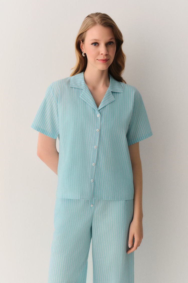 Yeşil Çizgili Minty Gömlek Yaka Pijama Takımı