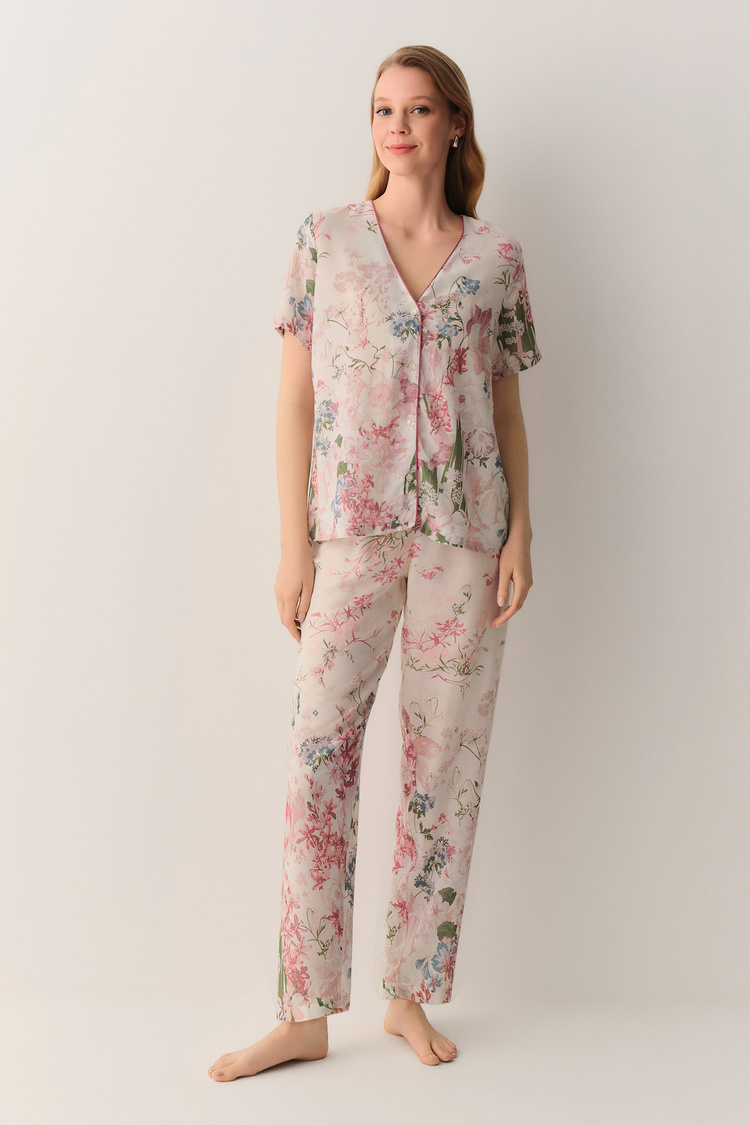 Çiçek Desenli Talia Gömlek Yaka Pijama Takımı