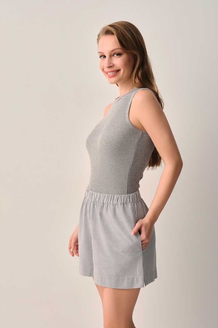 Gri Çizgi Desenli Cool Pamuklu Atlet Şort Pijama Takımı