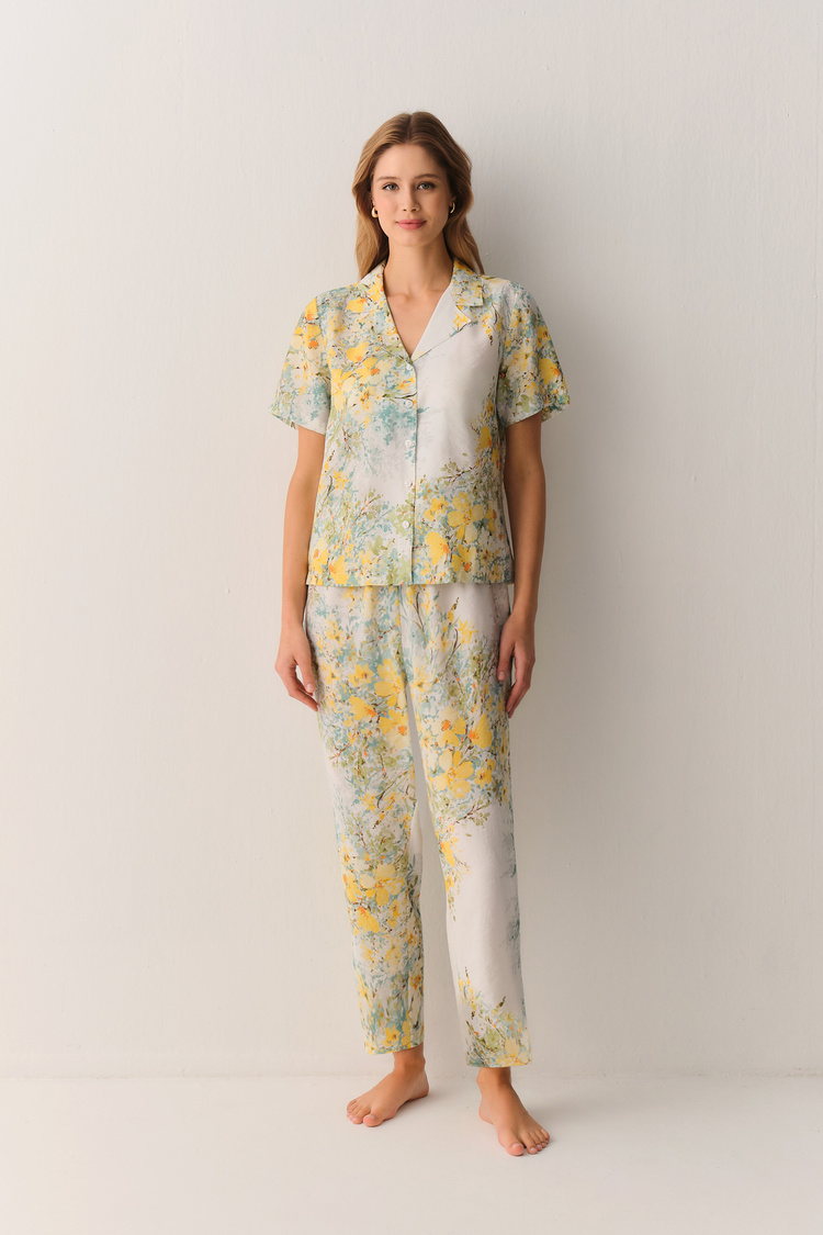 Sarı Desenli Sunny Modal Gömlek Yaka Pijama Takımı