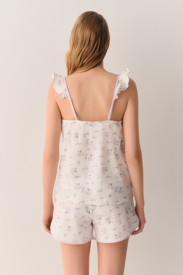 Ekru Desenli Butterfly Pamuklu Atlet Şort Pijama Takımı