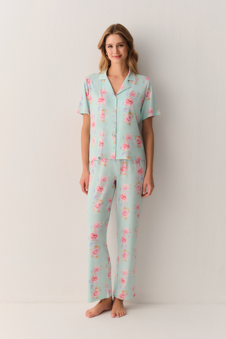 Yeşil Desenli Elegant Gömlek Yaka Pijama Takımı