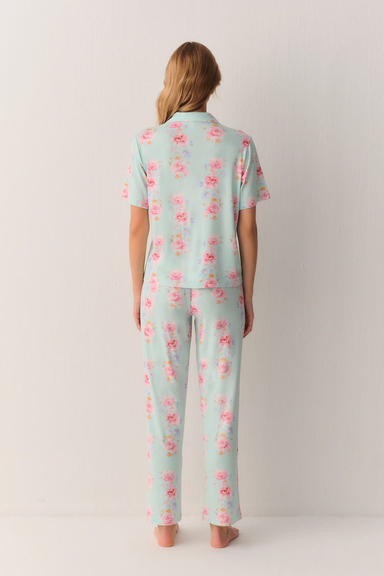 Yeşil Desenli Elegant Gömlek Yaka Pijama Takımı