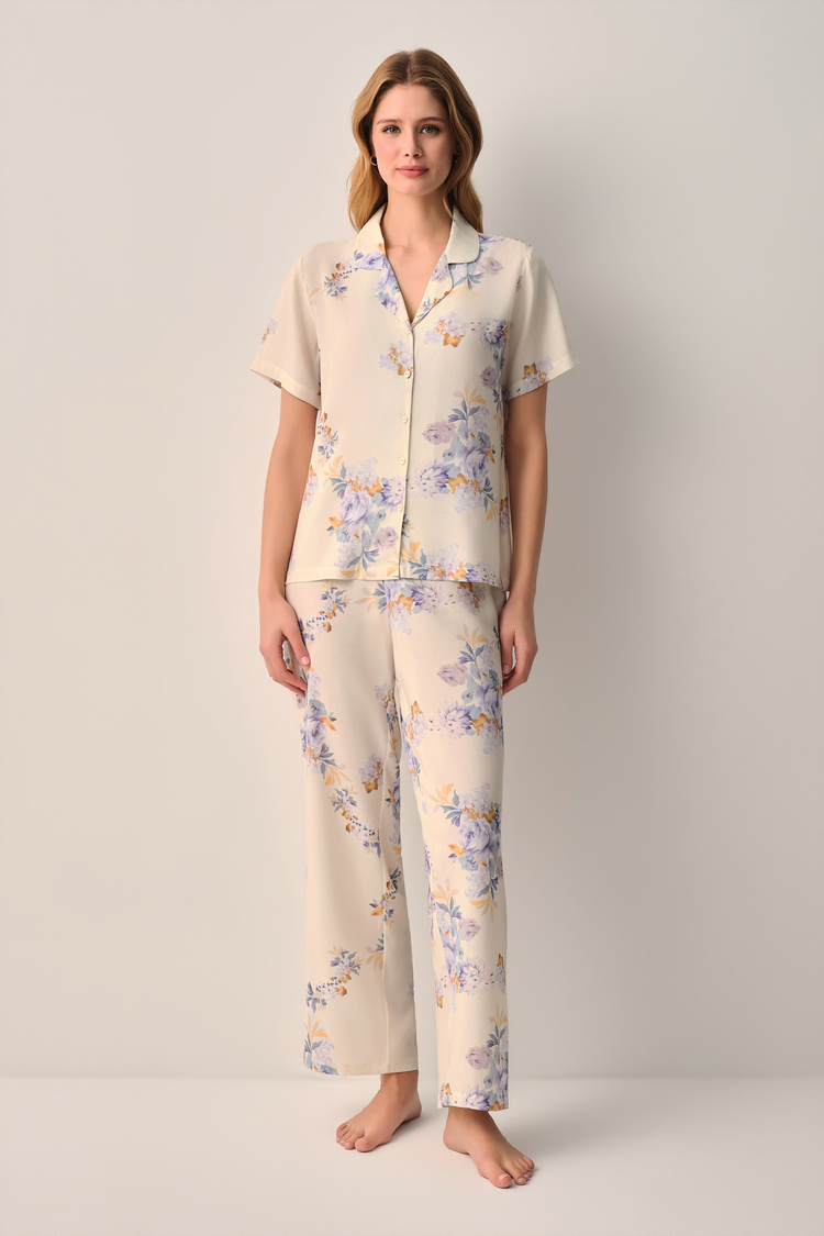Bej Desenli Lina Gömlek Yaka Pijama Takımı