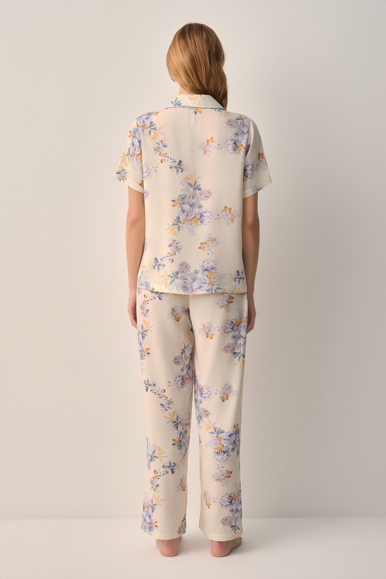 Bej Desenli Lina Gömlek Yaka Pijama Takımı