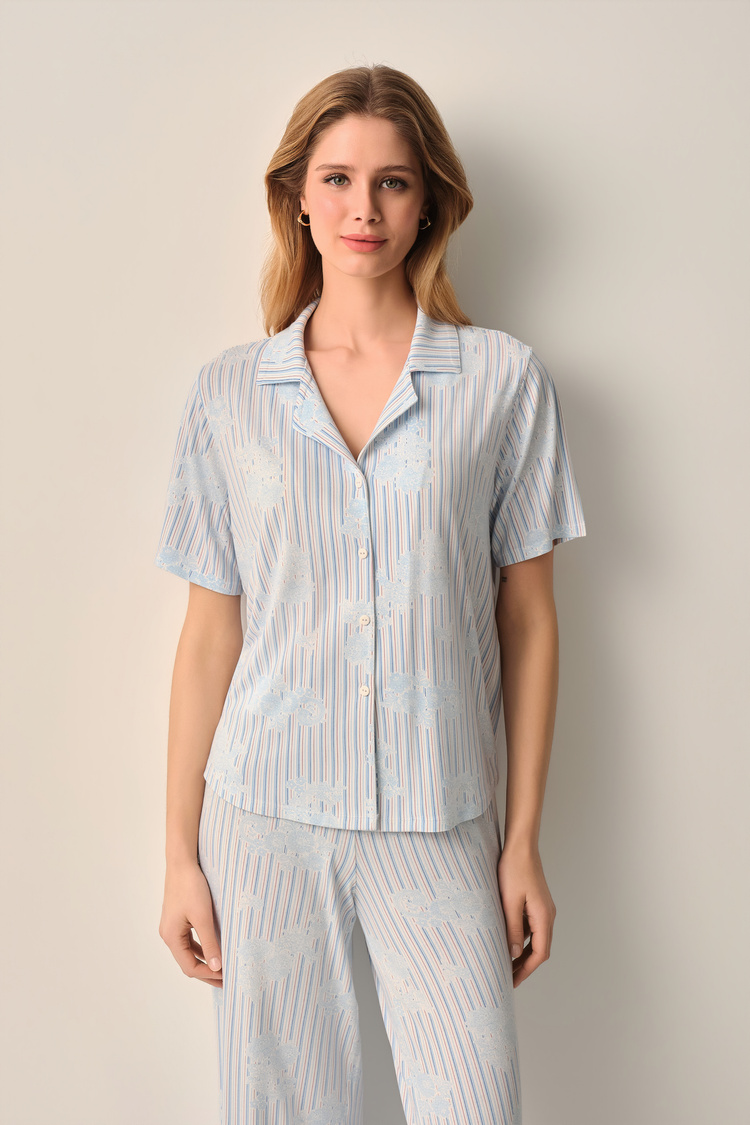 Mavili Lady Gömlek Yaka Pijama Takımı