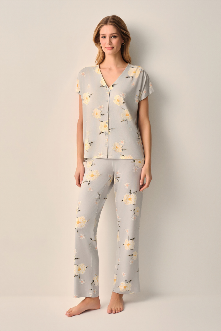 Yeşil Desenli Grace Gömlek Yaka Pijama Takımı