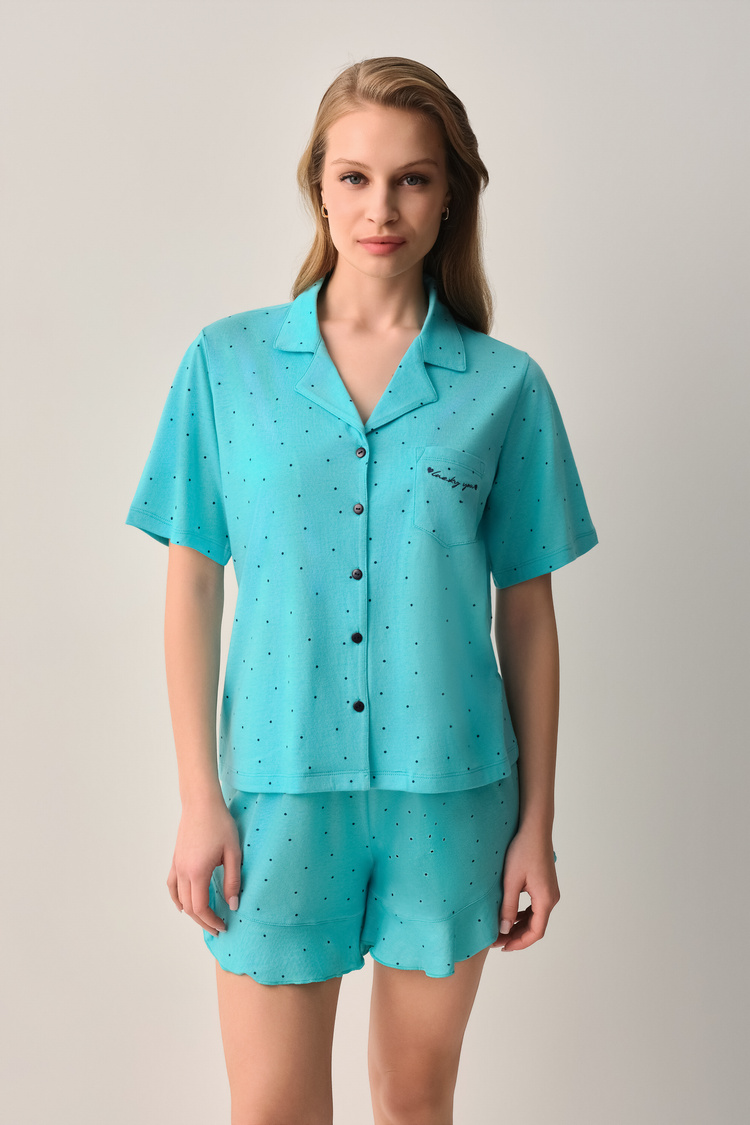 Turkuaz Desenli Lucky Pamuklu Gömlek Yaka Şort Pijama Takımı