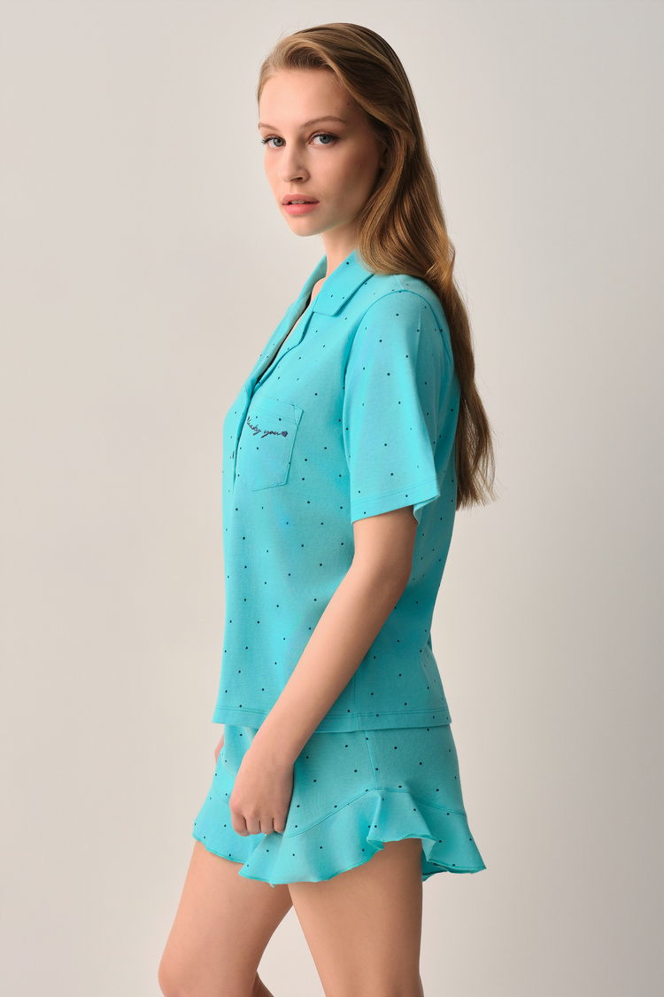 Turkuaz Desenli Lucky Pamuklu Gömlek Yaka Şort Pijama Takımı