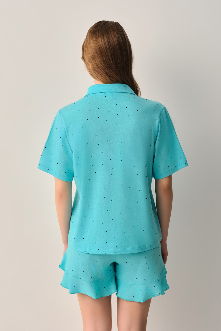 Turkuaz Desenli Lucky Pamuklu Gömlek Yaka Şort Pijama Takımı