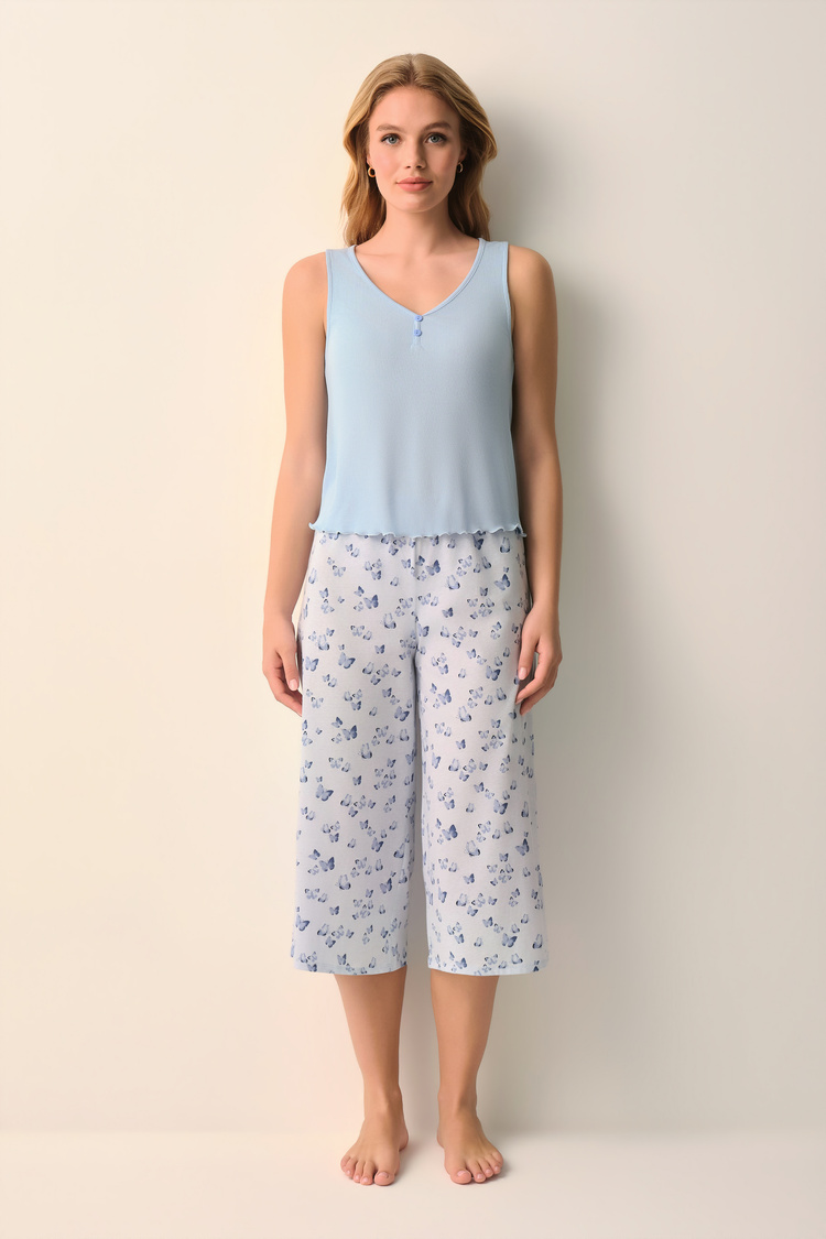 Mavi Desenli Betty Kapri Şort Pijama Takımı