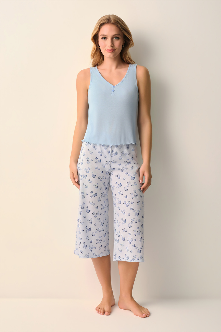 Mavi Desenli Betty Kapri Şort Pijama Takımı
