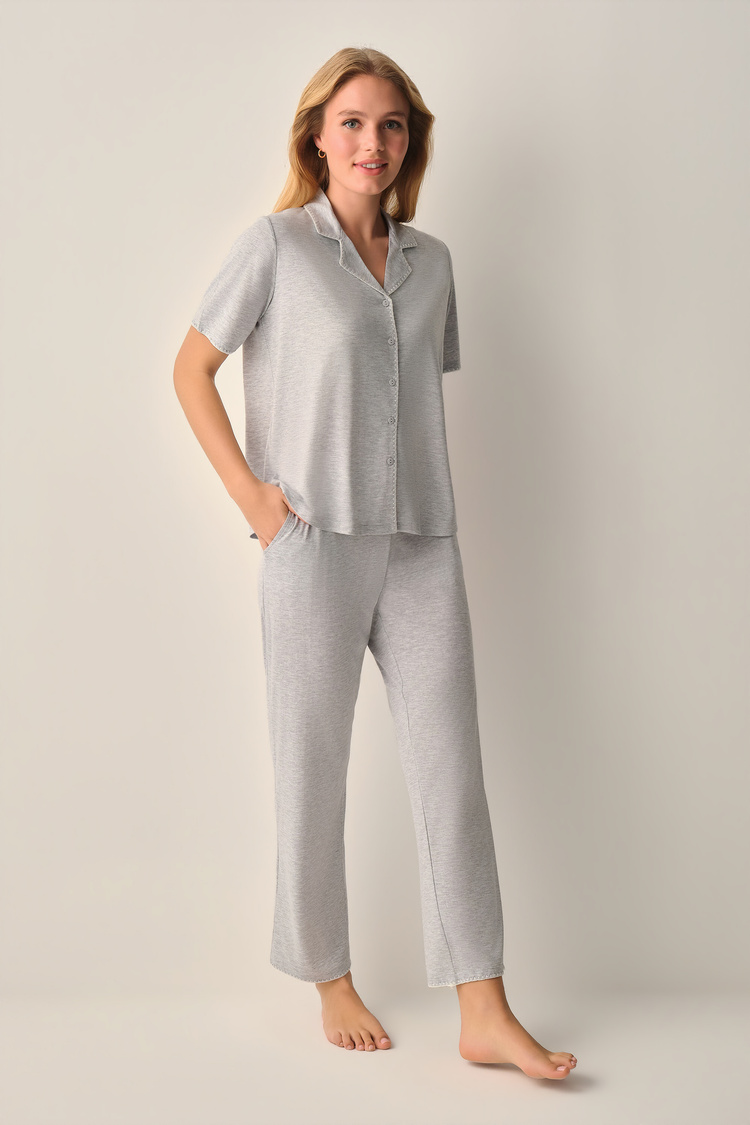 Gri Melanj Hilary Gömlek Yaka Pijama Takımı