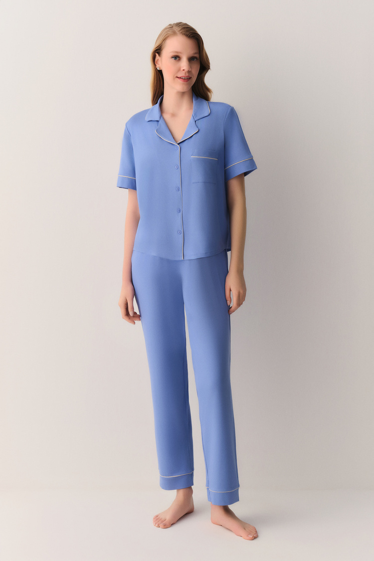 Mavi Misty Gömlek Yaka Pijama Takımı