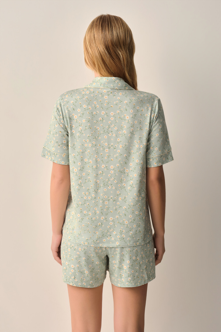 Yeşil Desenli Ella Gömlek Yaka Şort Pijama Takımı