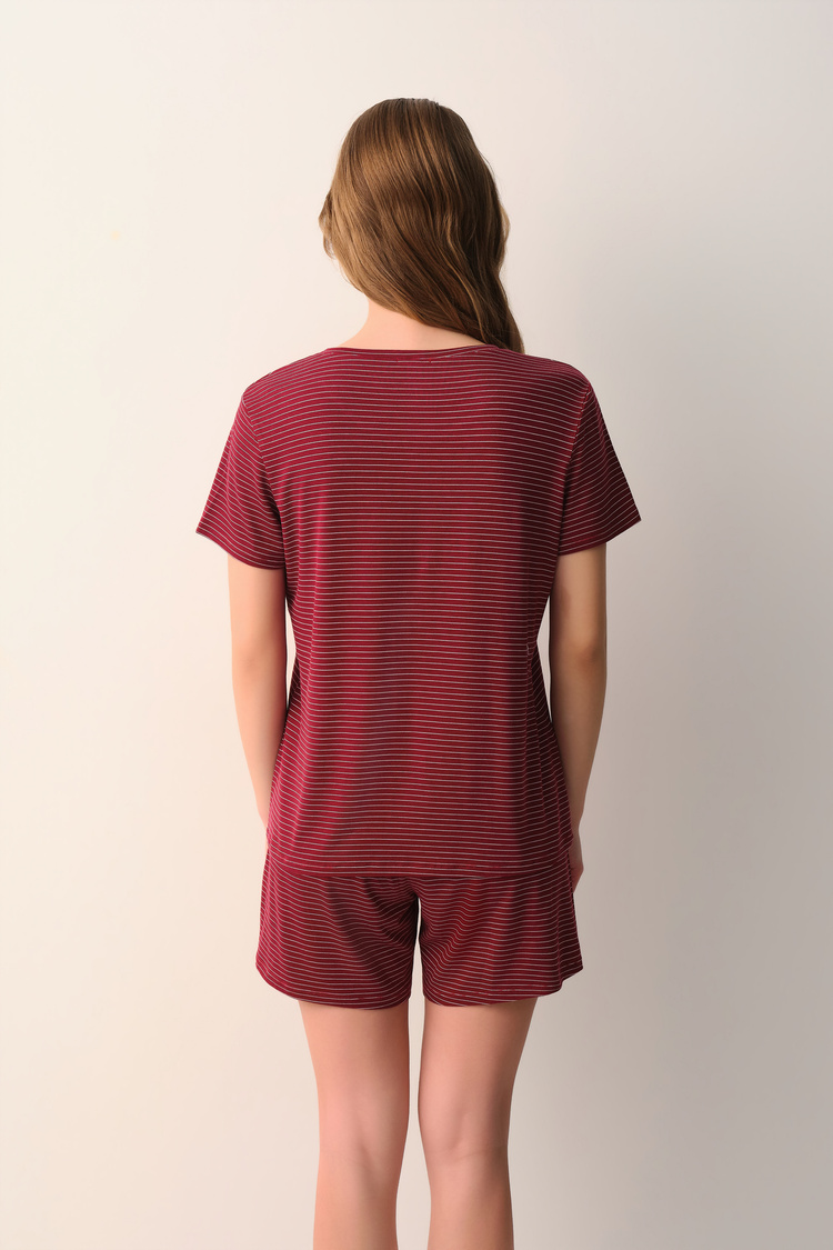 Ekru Çizgili Casual Şort Pijama Takımı