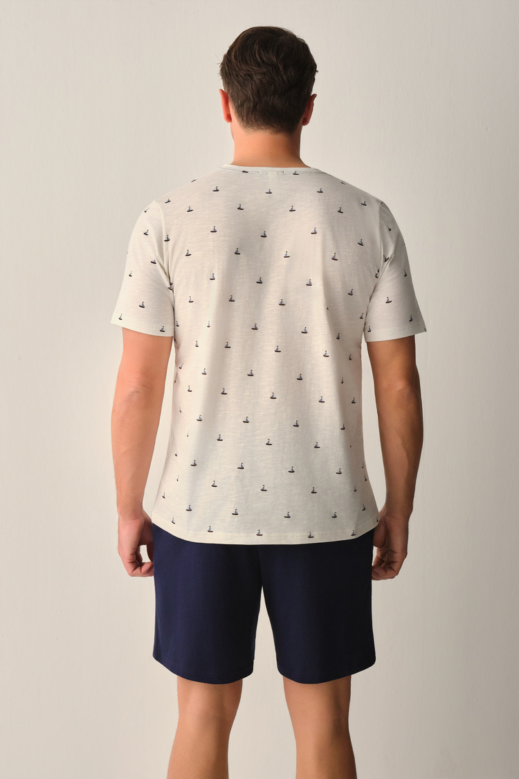 Beyaz Baskılı Wave Erkek Şort Pijama Takımı