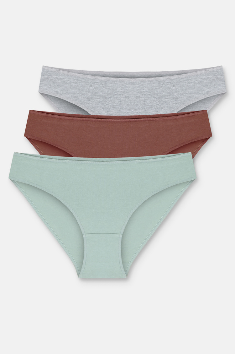 Çağla Yeşili / Gri / Vizon 3'lü Pamuklu Basic Normal Bel Slip Külot