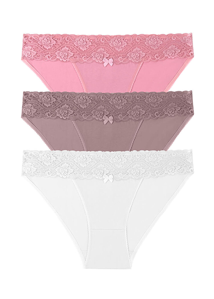 Ekru / Vizon / Pembe 3 lü Dantel Koton Slip Külot