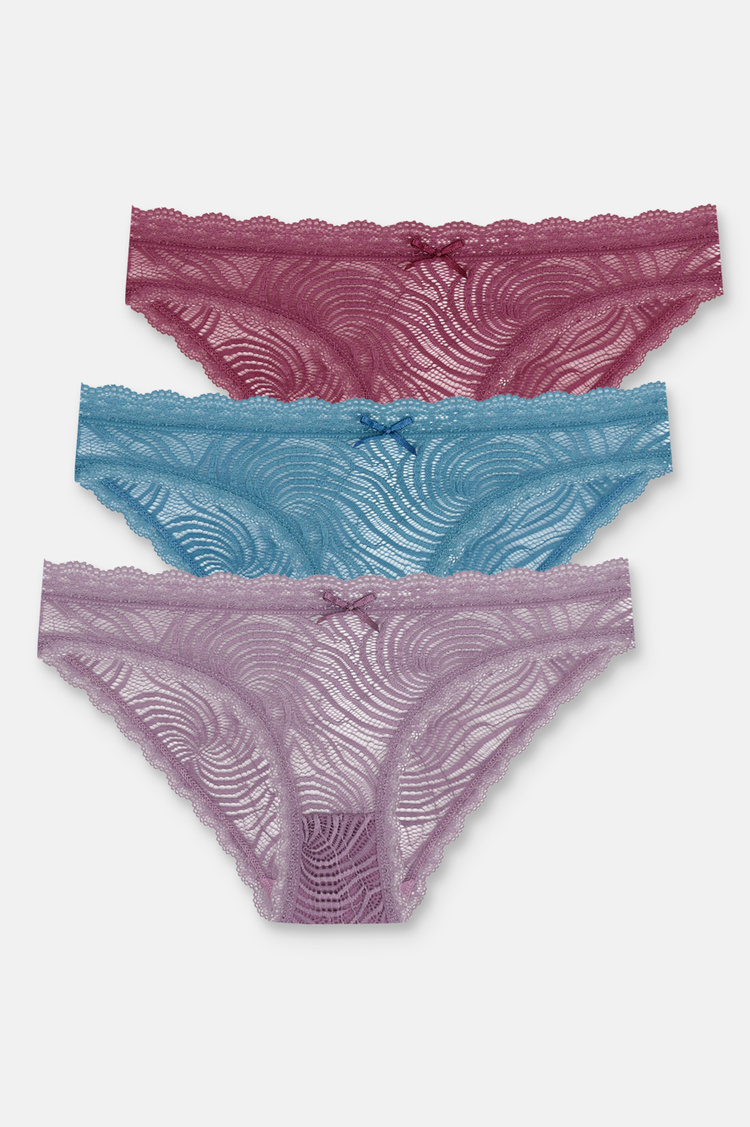 Yeşil / Bordo / Pembe 3'lü Dantelli Normal Bel Slip Külot