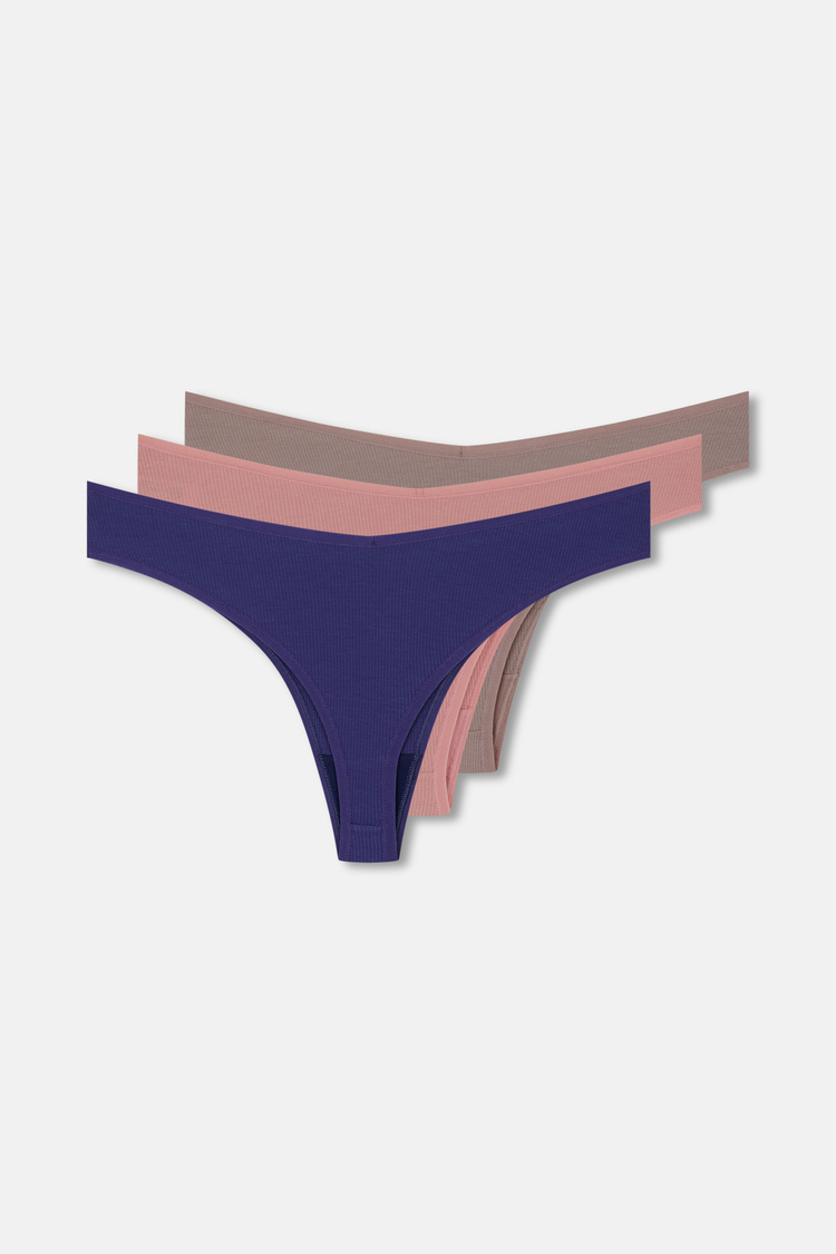 Kahverengi / Indigo / Pembe 3'lü Pamuklu V Kesim Rib String Külot