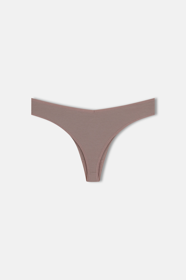 Kahverengi / Indigo / Pembe 3'lü Pamuklu V Kesim Rib String Külot