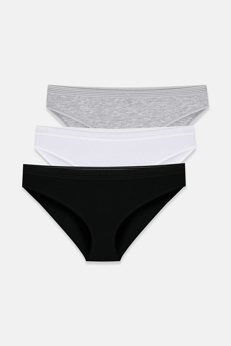 Siyah / Gri / Beyaz 3'lü Pamuklu Dantelli Slip Külot
