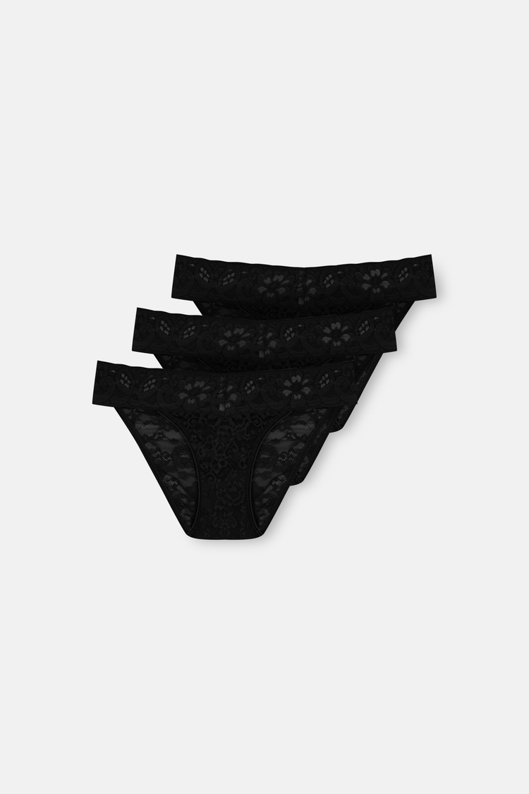 Siyah / Siyah / Siyah 3'lü Dantelli Normal Bel Slip Külot
