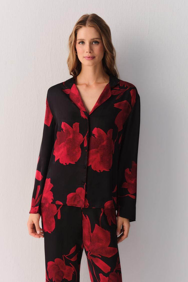 Gül Desenli Seductive Satin Gömlek