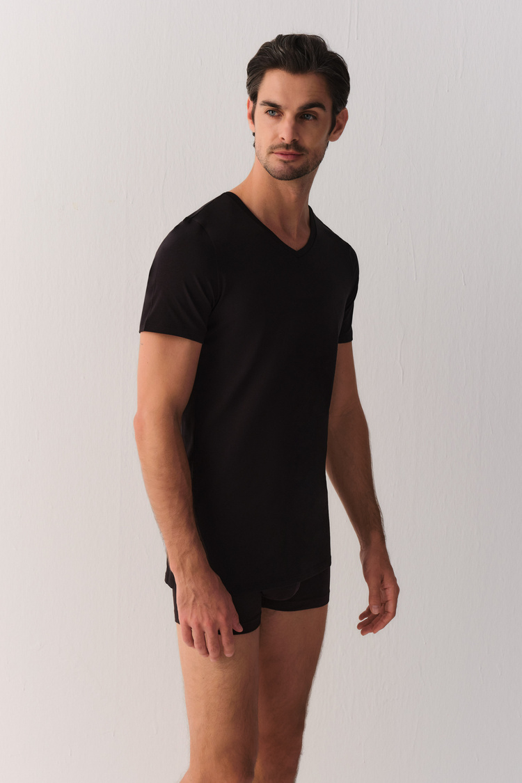 Siyah Smart Cotton Modal V Yaka T-Shirt