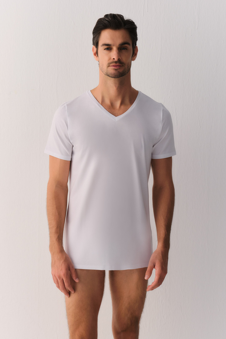 Beyaz Smart Cotton Modal V Yaka T-Shirt