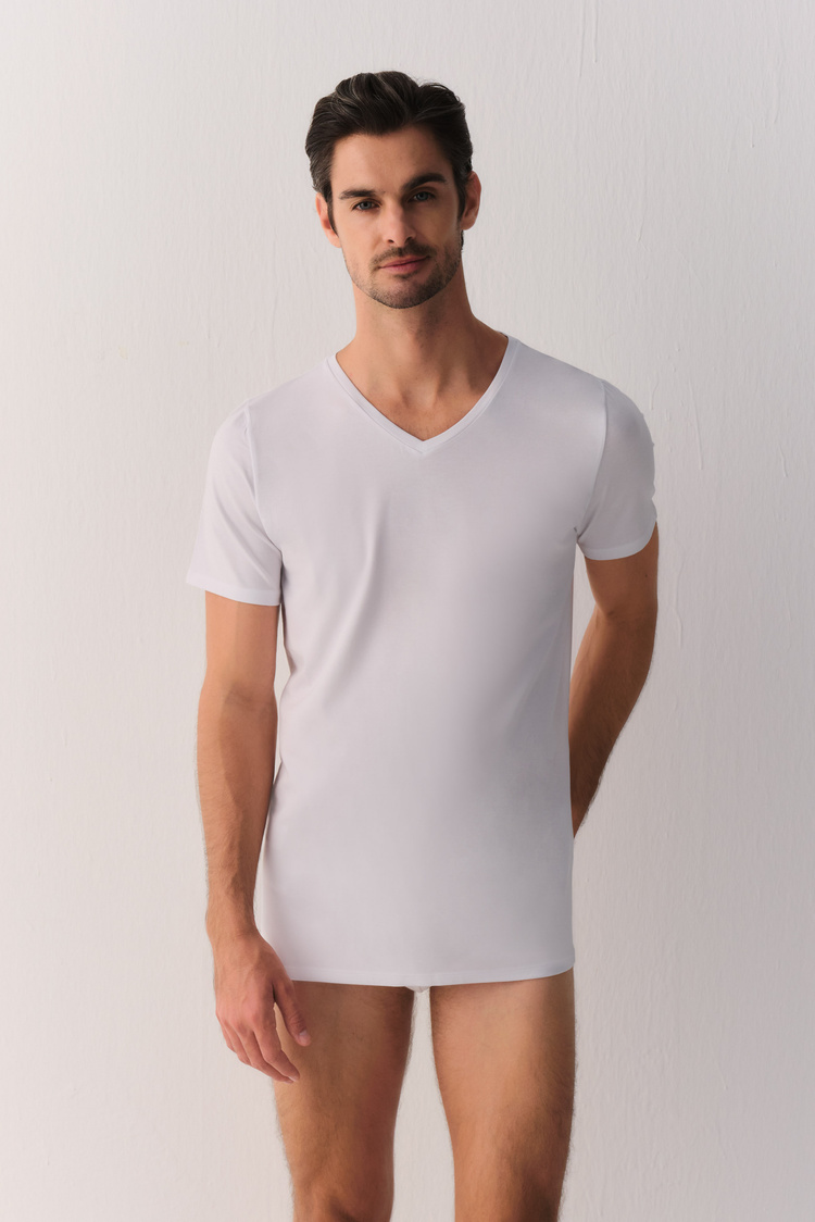 Beyaz Smart Cotton Modal V Yaka T-Shirt