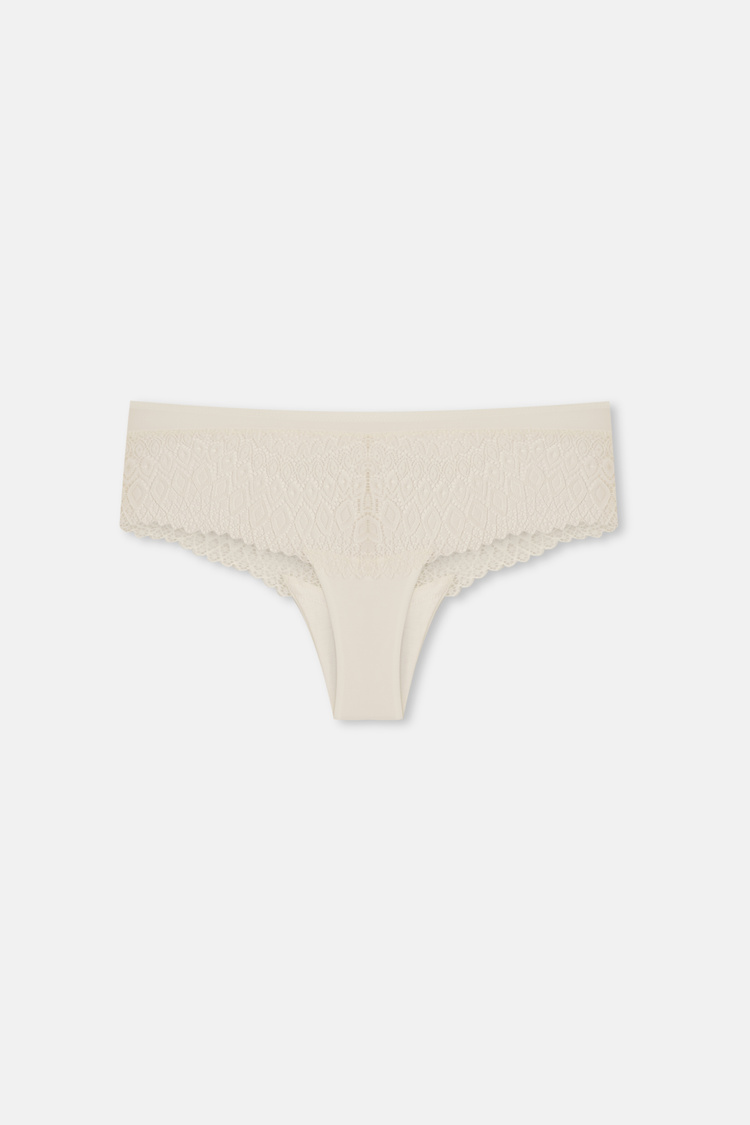 Ekru Gracefull Yüksek Bel Dantelli Slip Külot