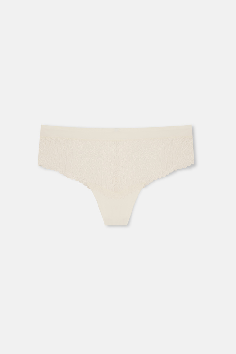 Ekru Gracefull Yüksek Bel Dantelli Slip Külot