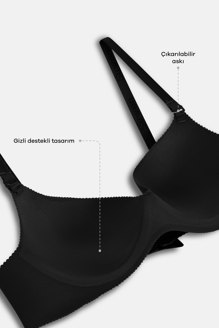 Siyah Invisible Push Up Lazer Kesim İz Bırakmayan Destekli Balenli Sütyen