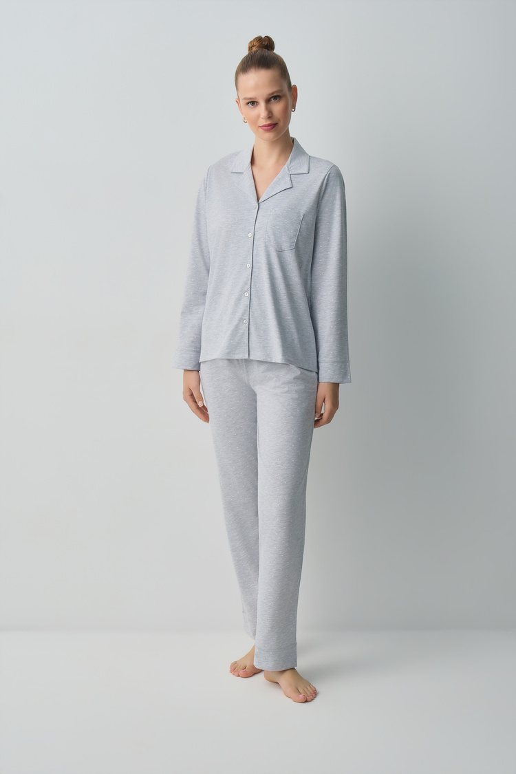 Gray Melange Dotty Shirt Collar Pyjamas Set
