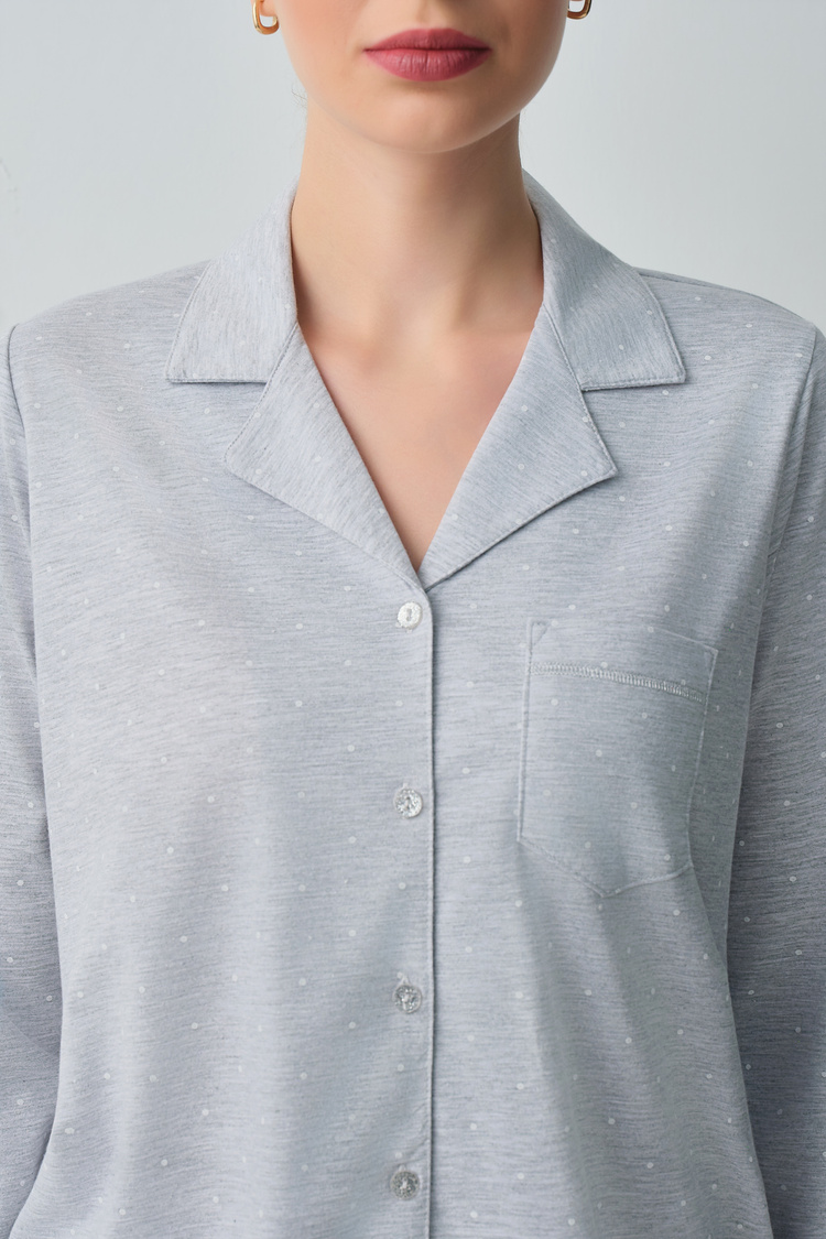 Gray Melange Dotty Shirt Collar Pyjamas Set