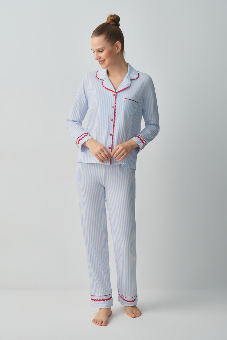 Blue Line Print Tiny Shirt Collar Pyjamas Set