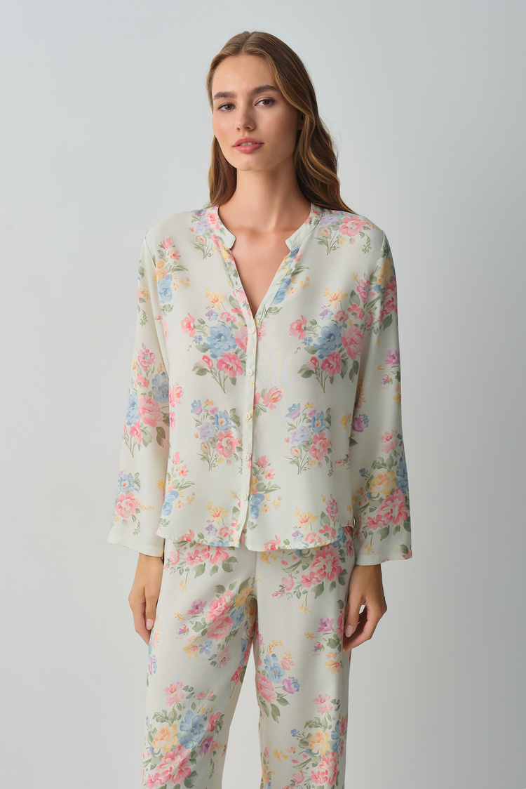 Flower Print Fleur Shirt Collar Pyjamas Set