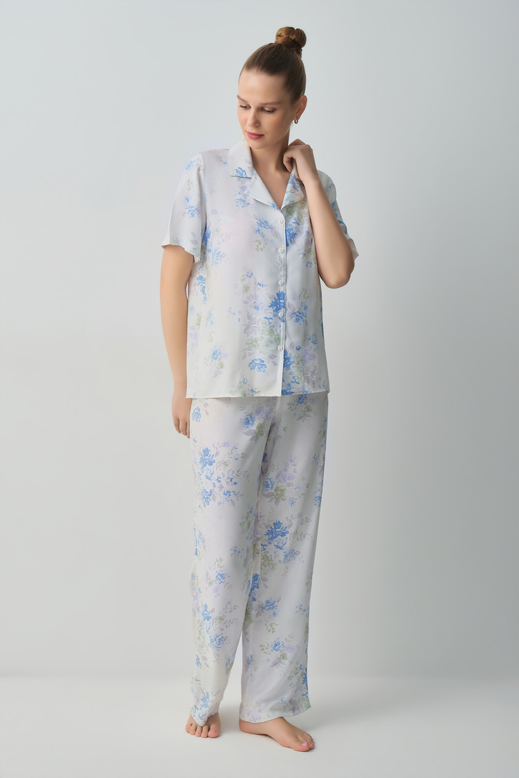 Flower Print Aria Shirt Collar Pyjamas Set