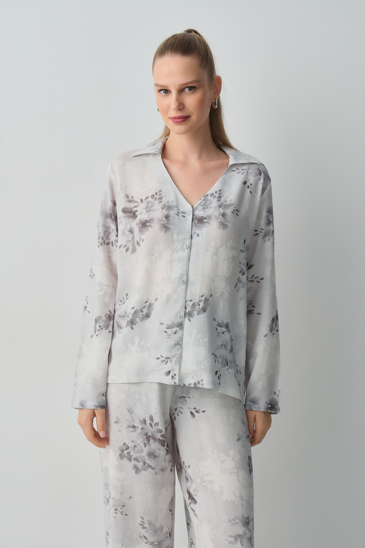 Gray Print Glace Shirt Collar Pyjamas Set