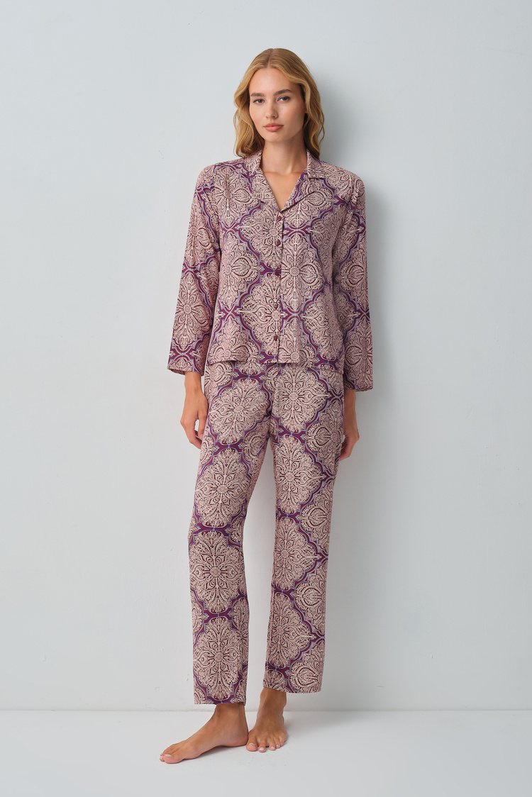 Burgundy Print Harper Shirt Collar Pyjamas Set