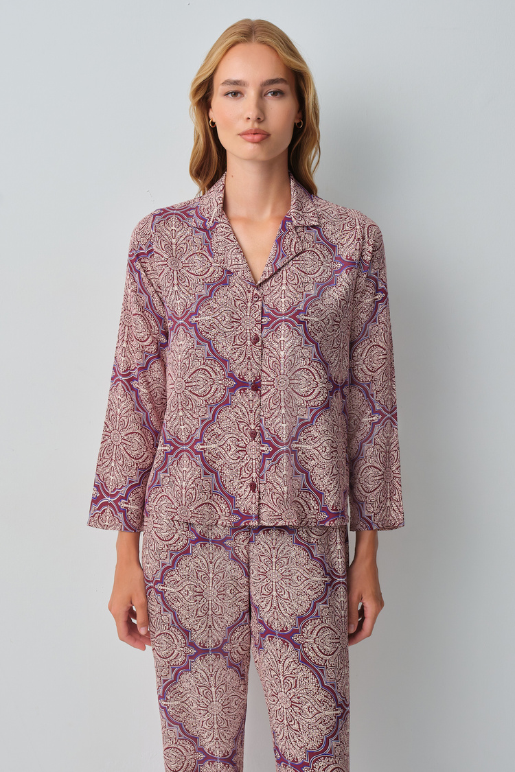 Burgundy Print Harper Shirt Collar Pyjamas Set