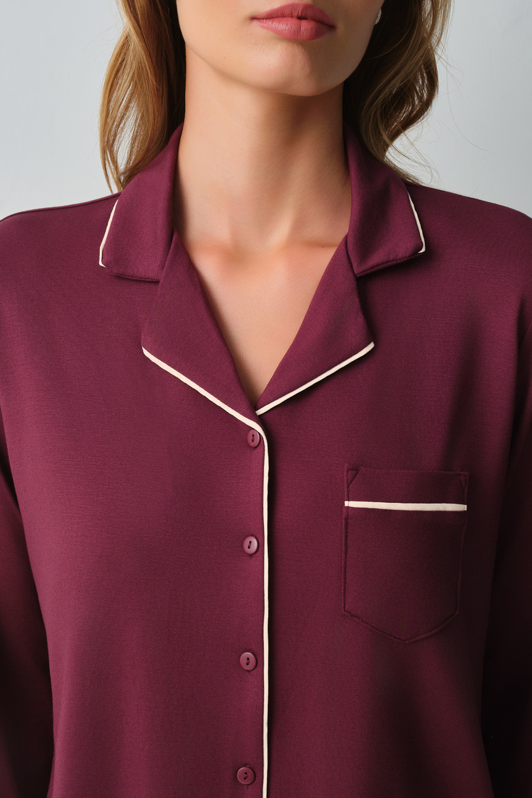 Burgundy Misty Shirt Collar Pyjamas Set