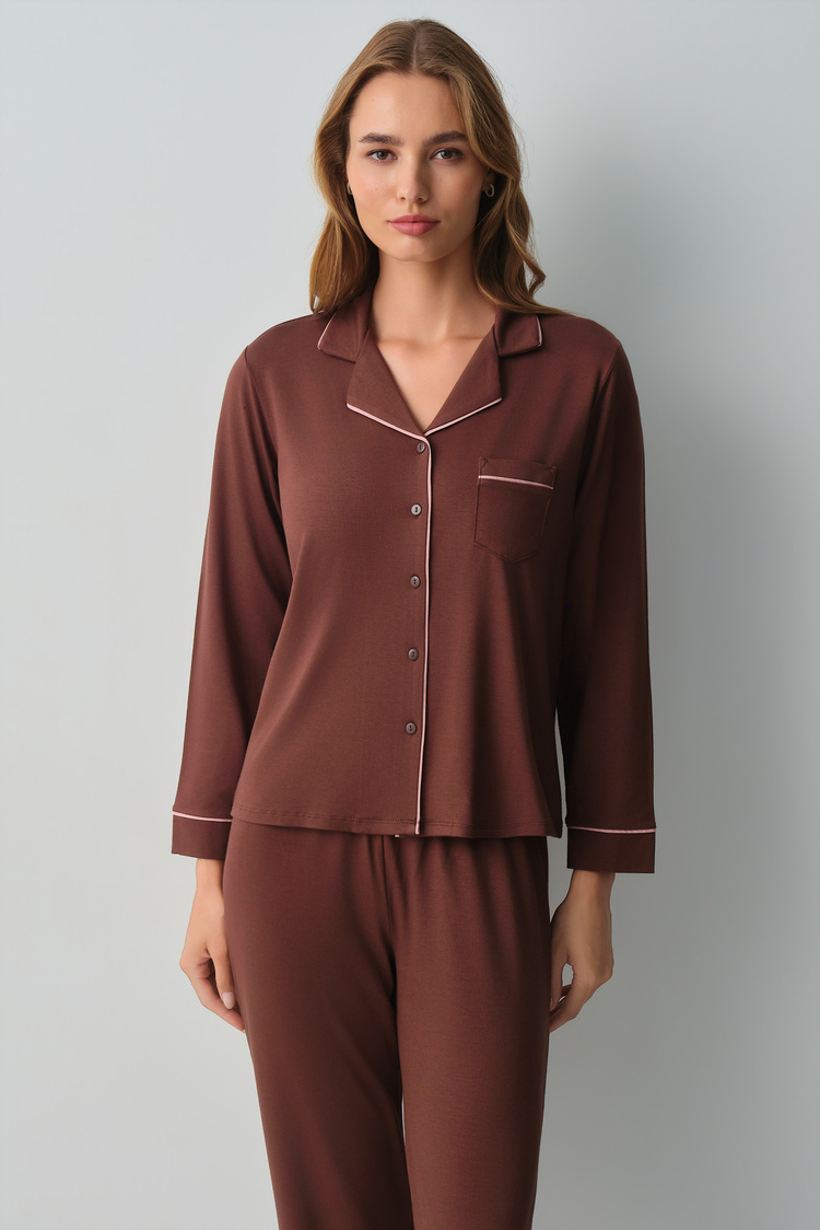 Mocha Misty Shirt Collar Pyjamas Set