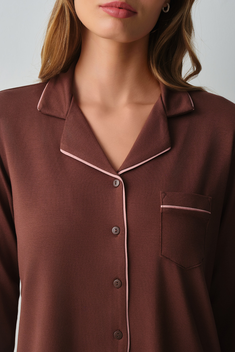 Mocha Misty Shirt Collar Pyjamas Set