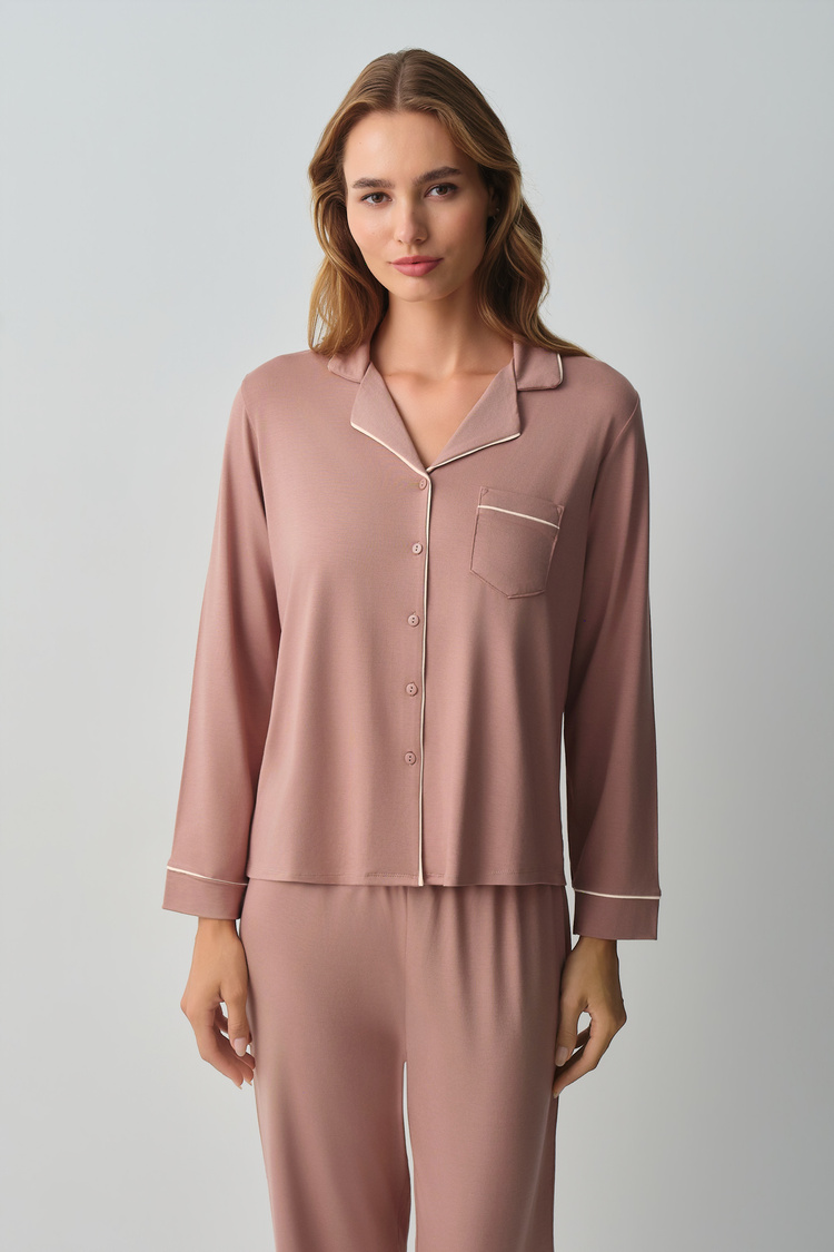 Cappucino Misty Shirt Collar Pyjamas Set